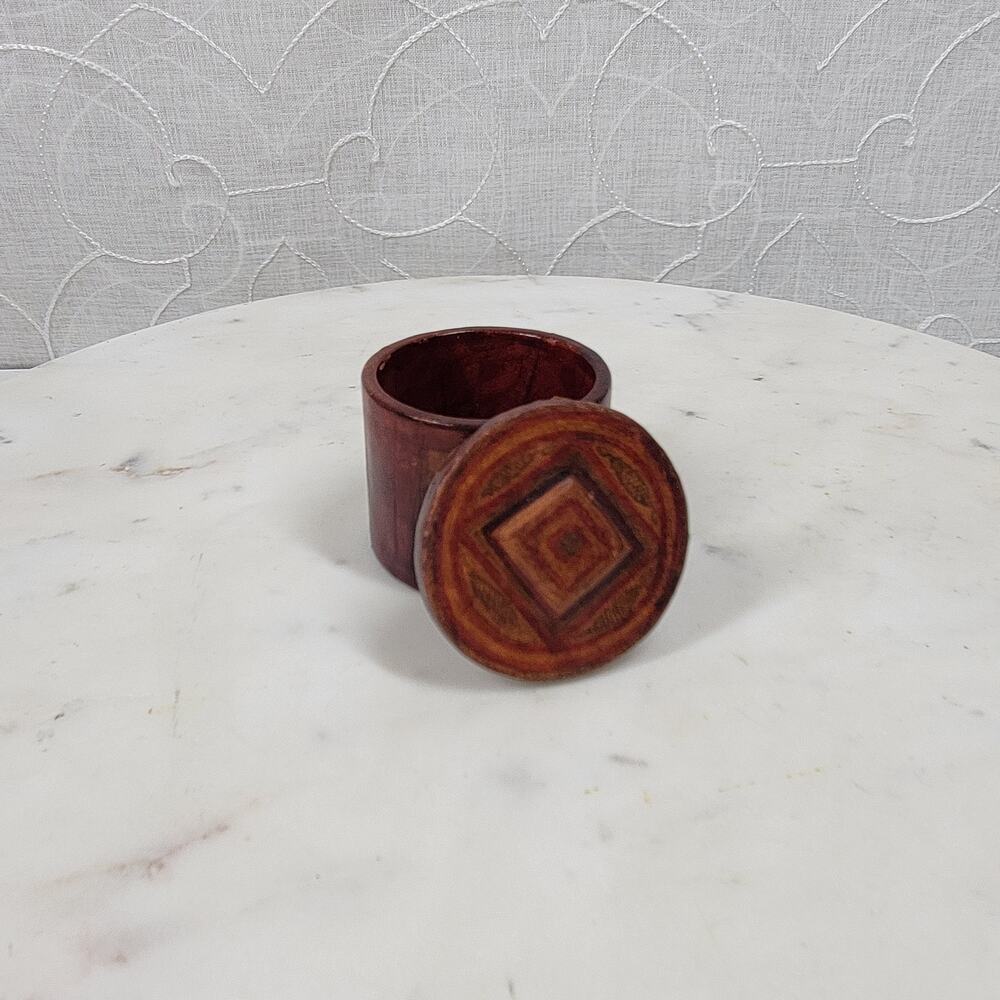 VTG Leather Box Lid 1.75" Brown Red Tooled Cylynder Storage Jar Travel